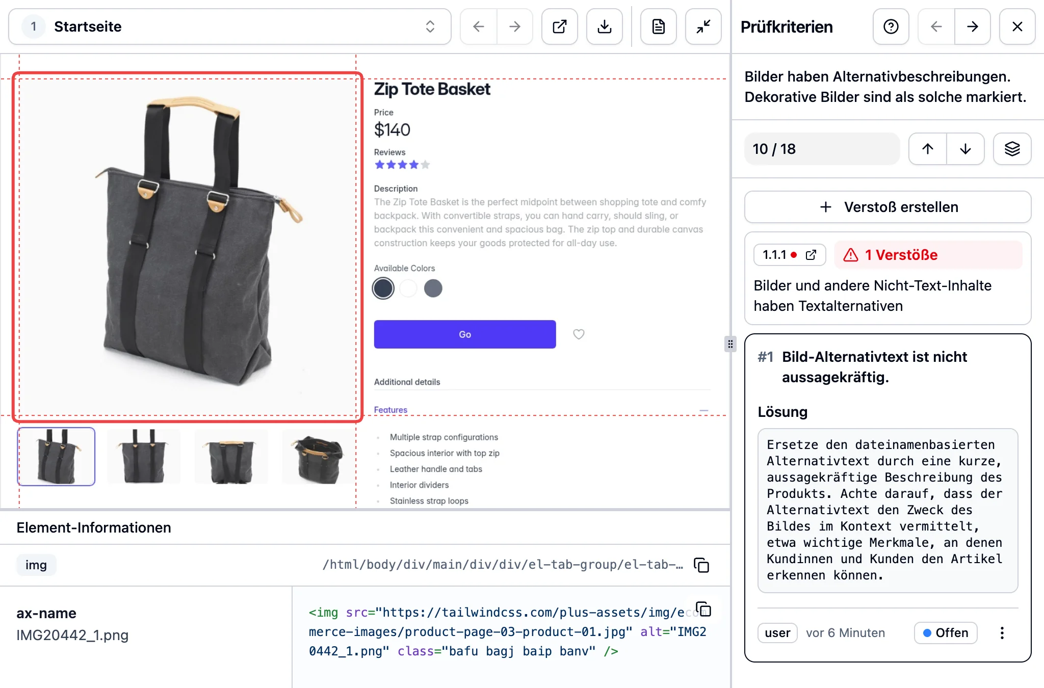 Screenshot der A11YPLAN Visual Audit-Funktion: Innovative visuelle Fehleranalyse mit Echtzeit-Highlights, programmatischen Informationen und Simulationsmodi. Direktes Markieren von WCAG-Verstößen auf der Live-Website für effiziente manuelle Prüfung.