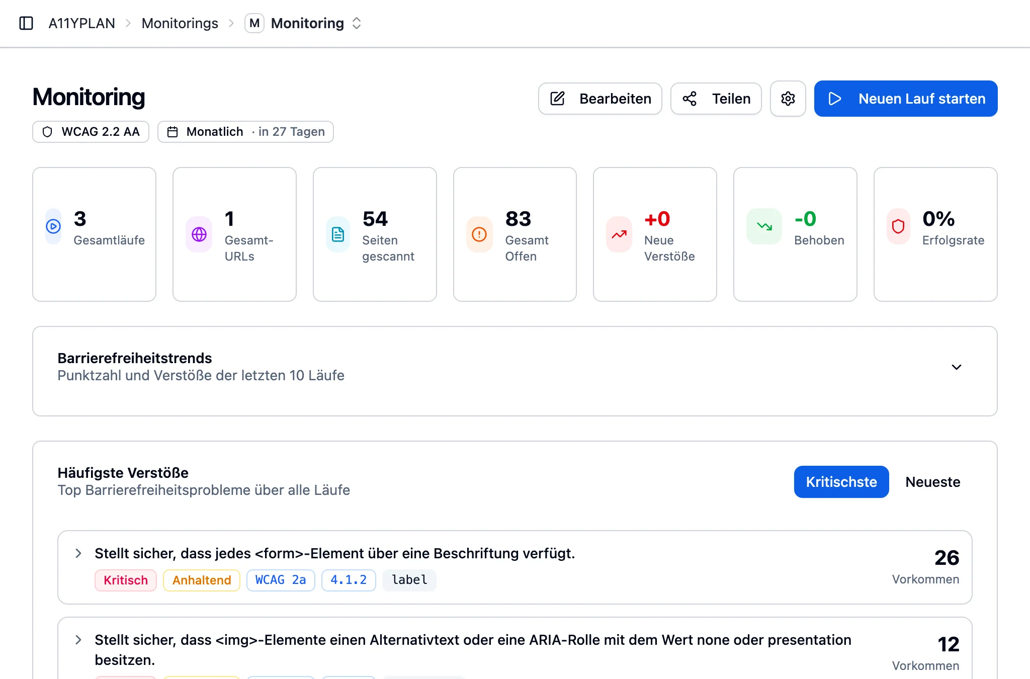 Screenshot der A11YPLAN Monitoring-Funktion: Intelligente Crawler-Konfiguration mit flexiblen Prüfebenen, automatisierten Zeitplänen und skalierbarer Seitenerfassung bis 5000 Seiten - für lückenlose Barrierefreiheitsprüfung im Hintergrund.