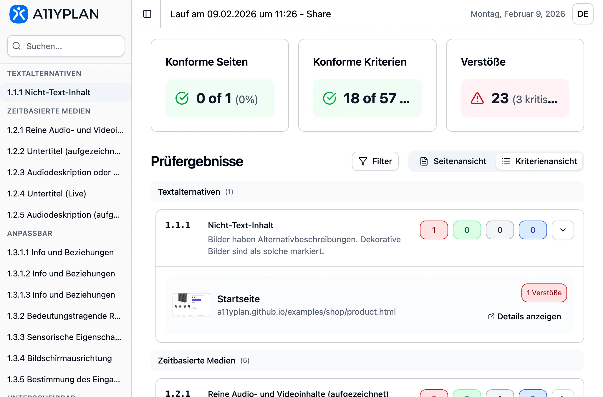 Screenshot der A11YPLAN Reporting-Funktion: Übersichtliche Fehlerauswertung mit Priorisierung nach Schweregrad, detaillierte Code-Beispiele und konkrete Lösungsvorschläge. 31 identifizierte Verstöße auf 1.512 Seiten - alles auf einen Blick.